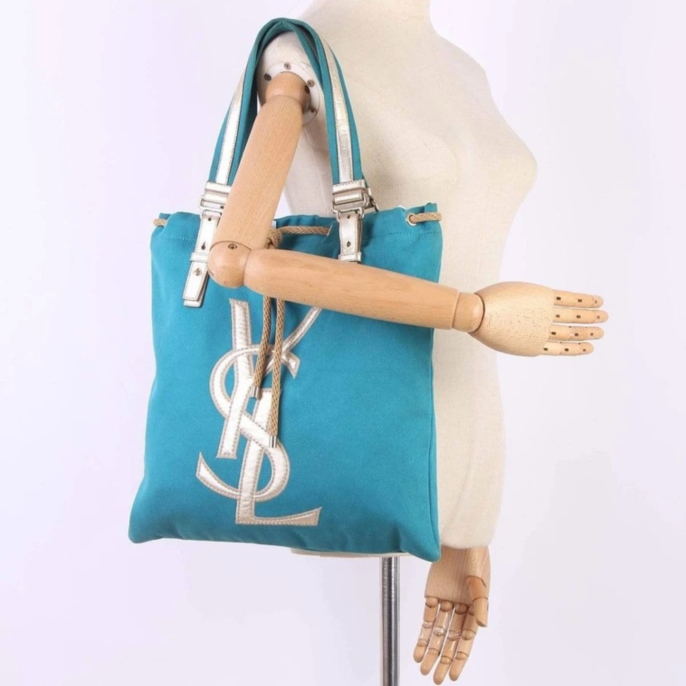 YSL Large Blue Gold Canvas Kahala Tote